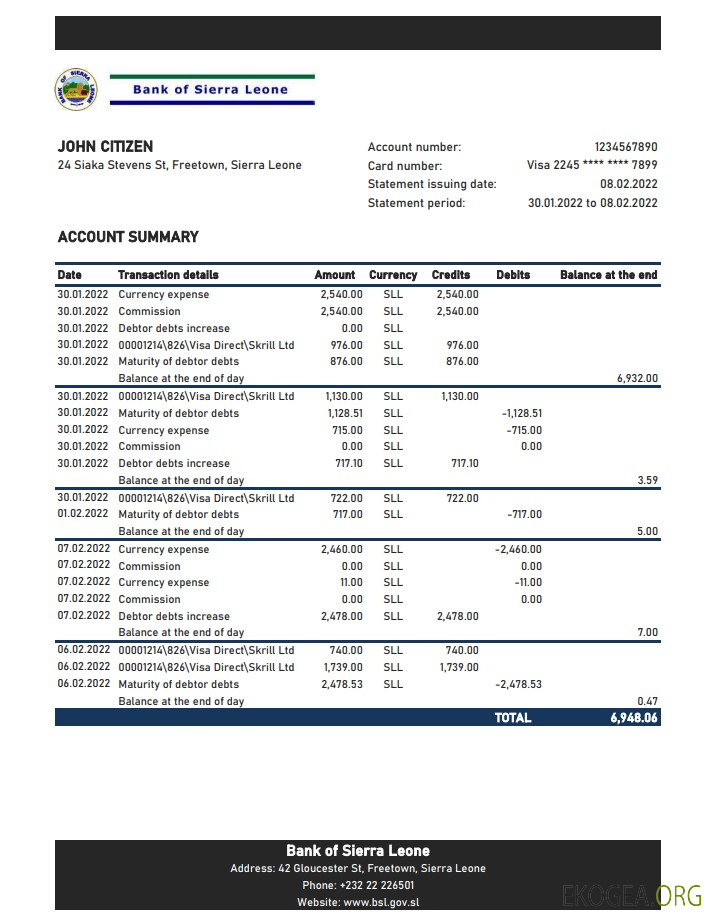 Relevé bancaire de la Sierra Leone Bank of Sierra Leone xls